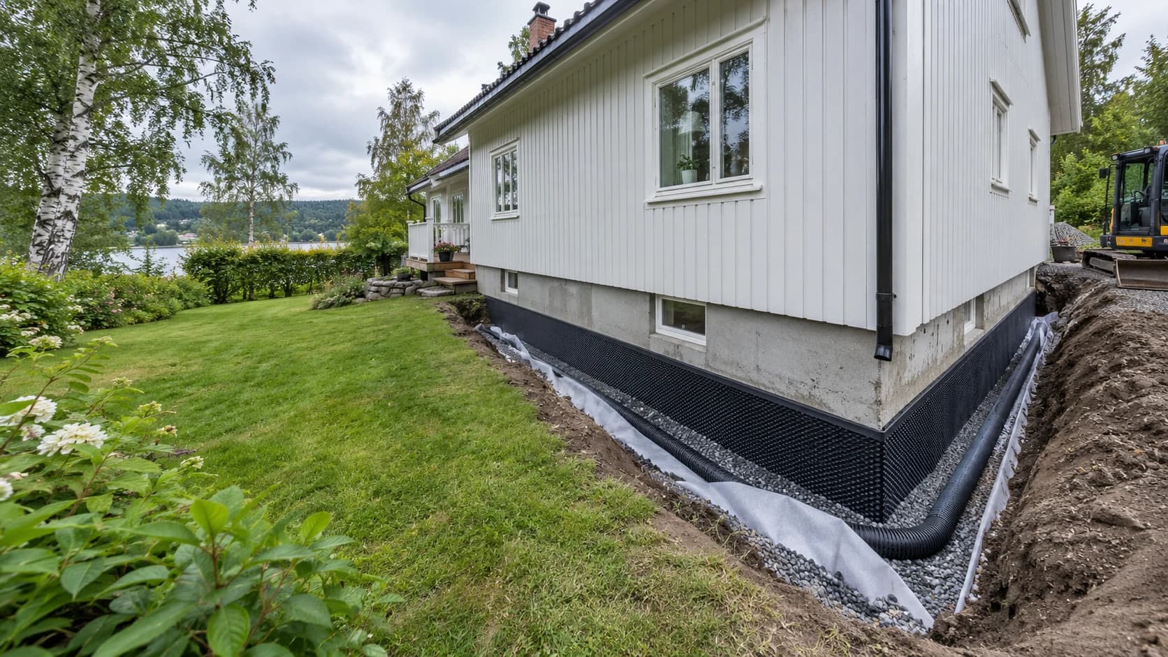KI-generert motiv av en drensgrøft langs grunnmuren til et norsk trehus.